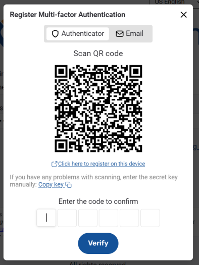 Register Multi-factor Authentication pop-up with QR code