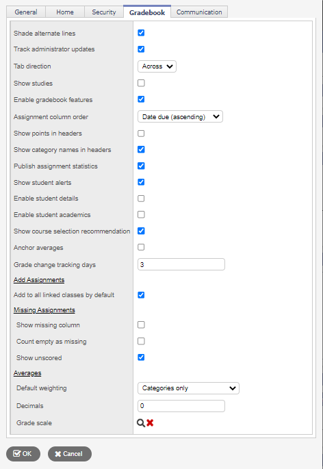 Gradebook preferences tab.