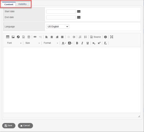 Announcements pop-up with Content sub-tab highlighted.