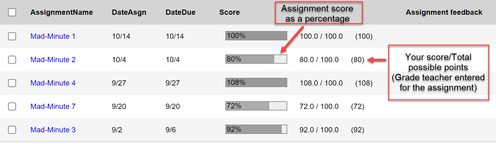 Score details, showing the score as a percentage and student score/total possible points.