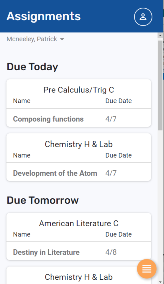 Assignments screen