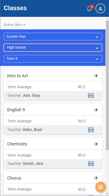 Classes screen, Parent portal