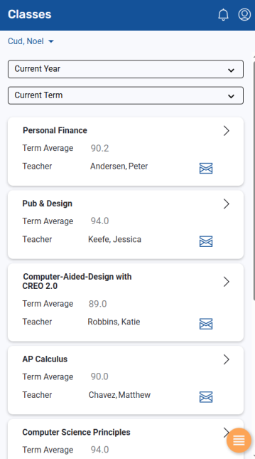 Classes screen