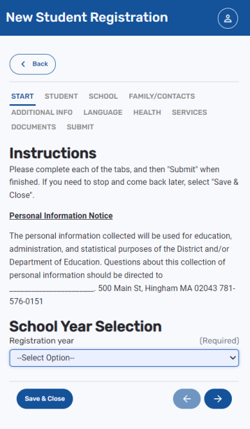 New Student Registration Start screen