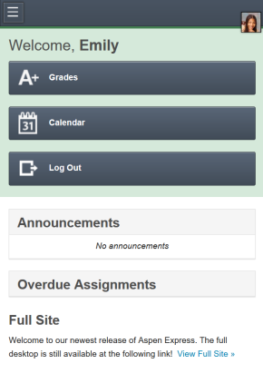 Home screen in the Student portal