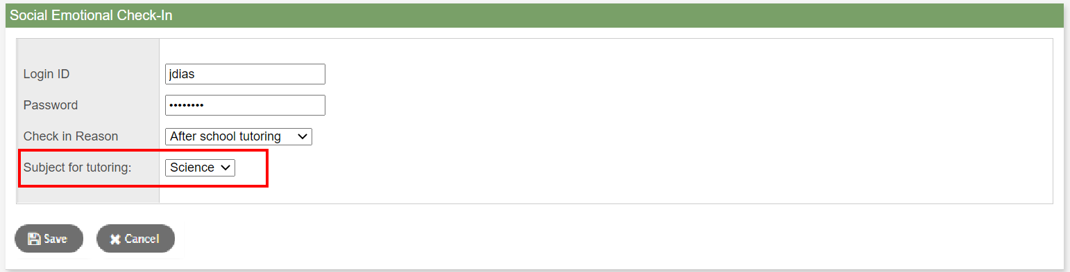 Social Emotional Check-In widget with added field