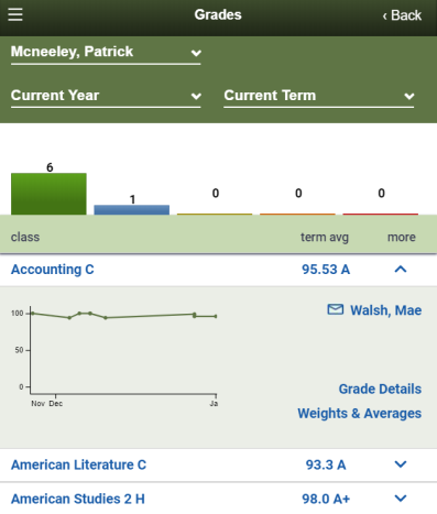 Grades screen showing performace chart and grade details