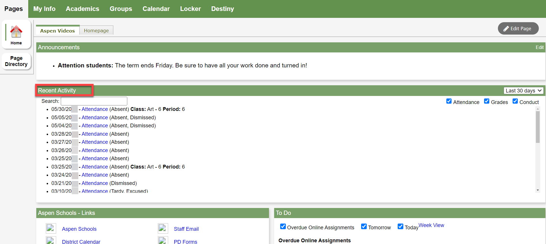 Homepage with Recent Activity widget