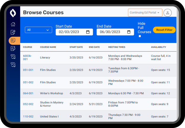 Continuing Education Courses screen