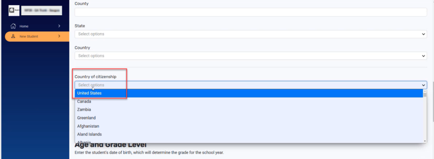 New Student Registration with Country of citizenship drop-down highlighted