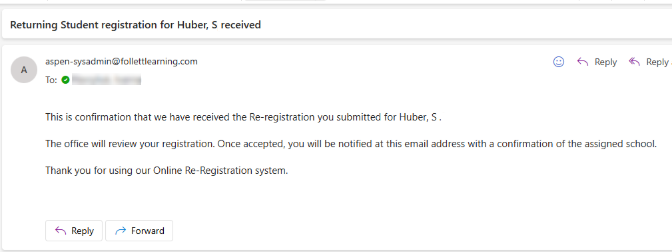 Returning Student Registration received confirmation email