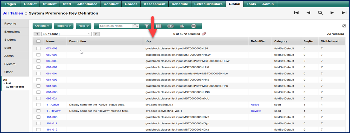 global tab with Key field highlighted.