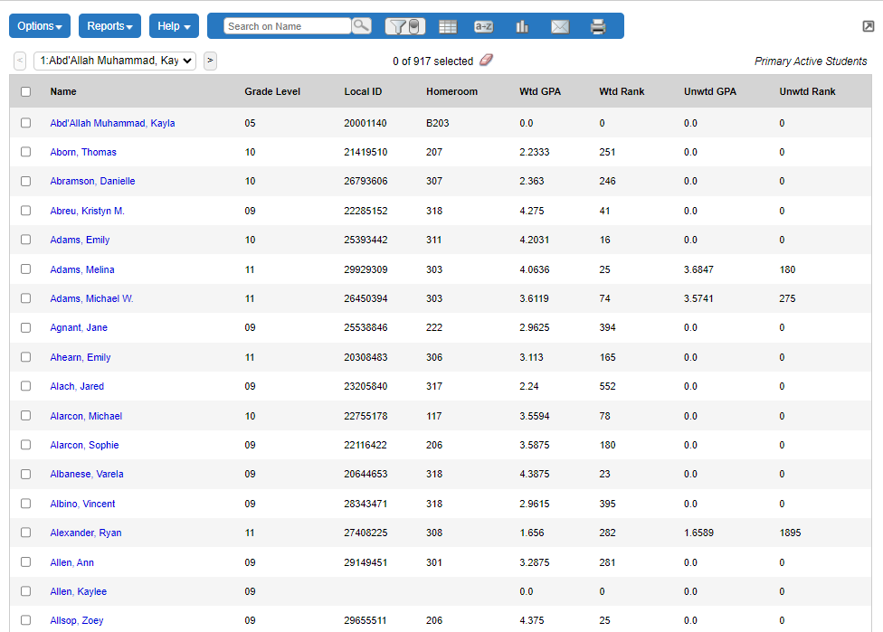 sort order example with grade level and weighted GPA fields called out.