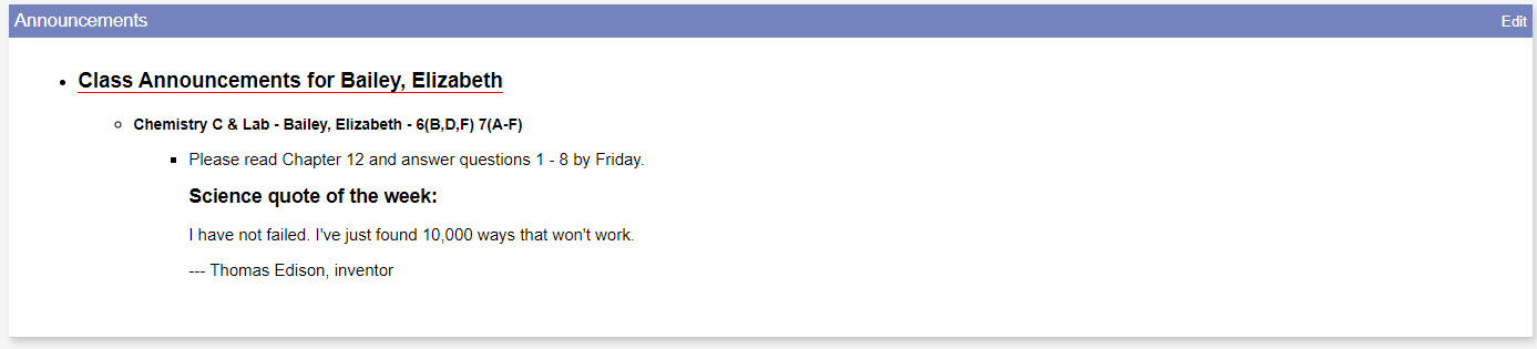 Announcement widget with class assignment information
