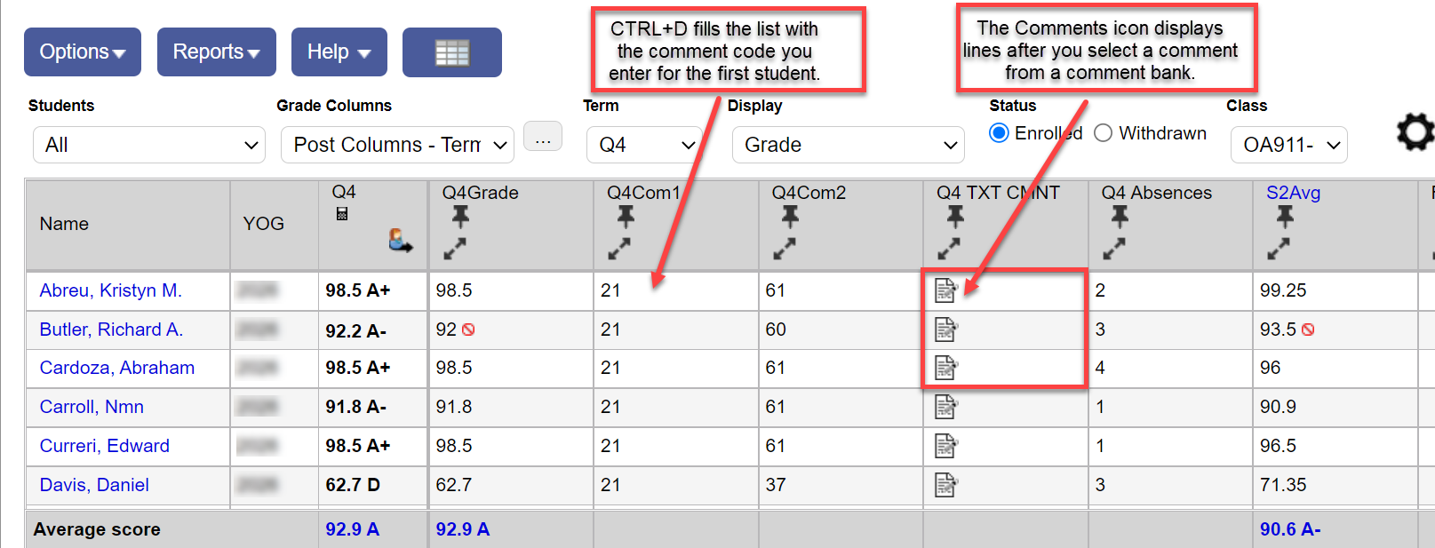 Scores page with comment columns highlighted