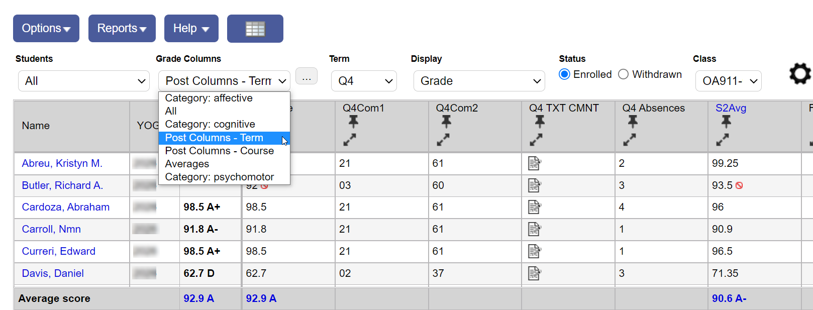 Scores page with post columns.