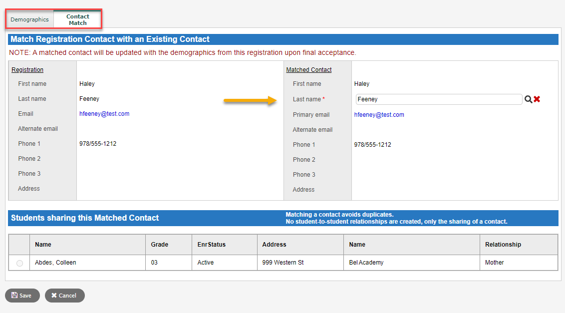 Contact Match sub-tab