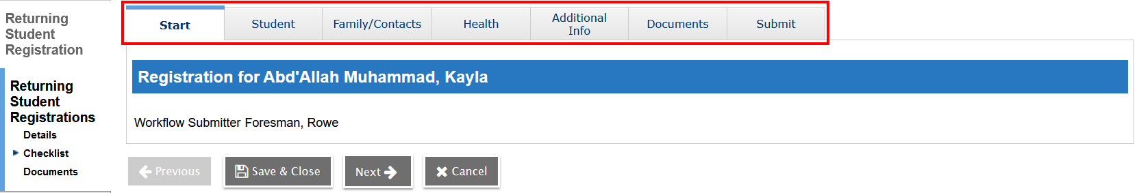 Checklist with tabs highlighted.